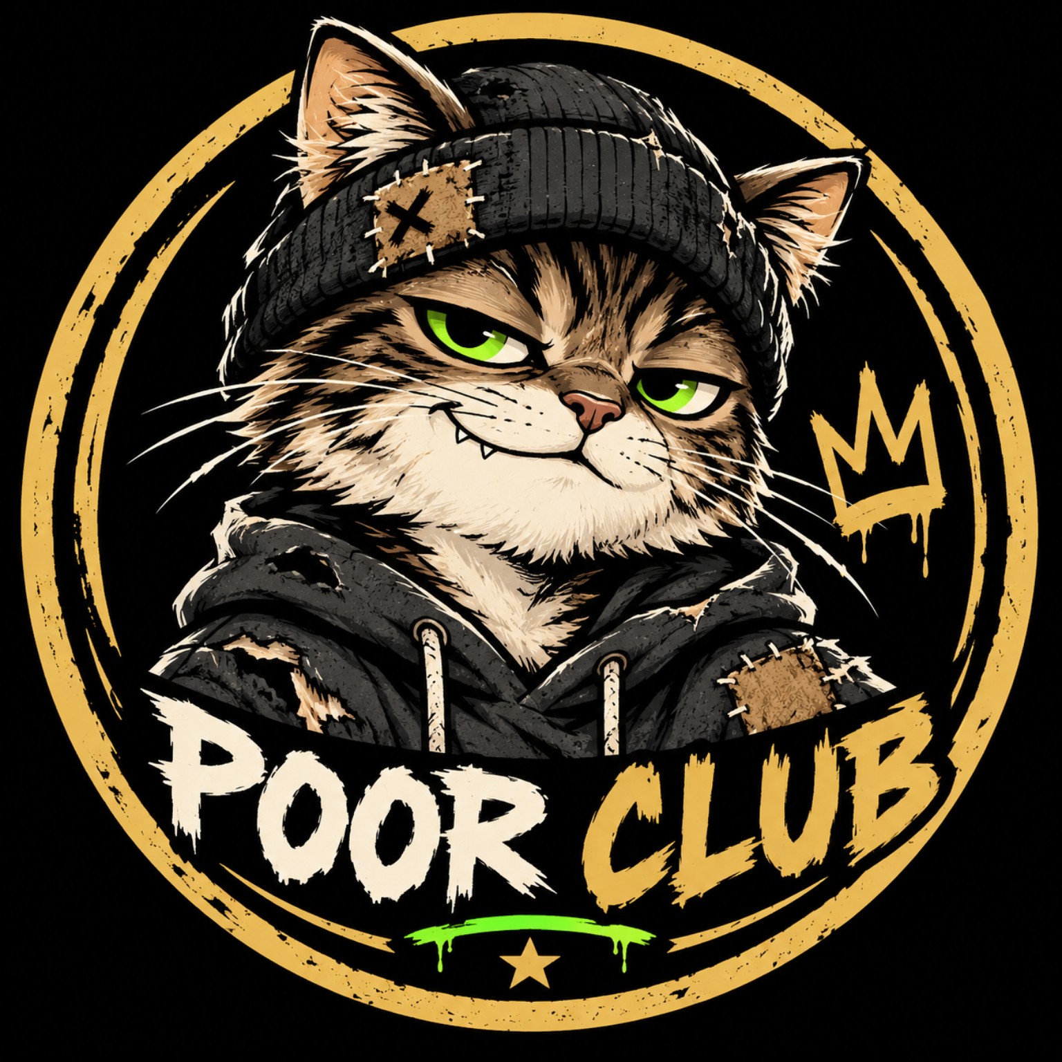 Poor Cat, the Poor Club mascot: a tired but defiant cat in a worn hoodie and patched beanie, with green eyes.